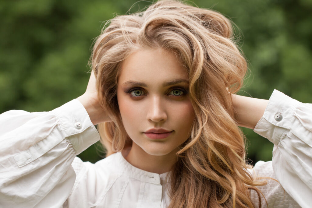 Nice woman blonde outdoor, closeup portrait