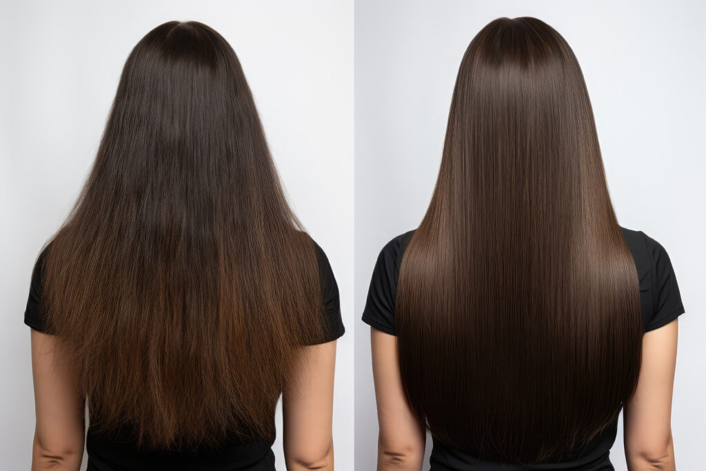 Woman With Long Hair, Back View, Showing The Results Of Keratin Treatment, Before And After Salon Treatment