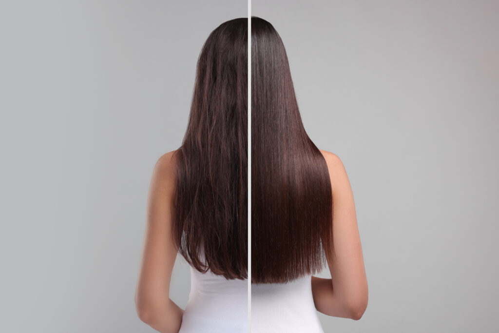Photo of woman divided into halves before and after hair treatment on grey background, back view